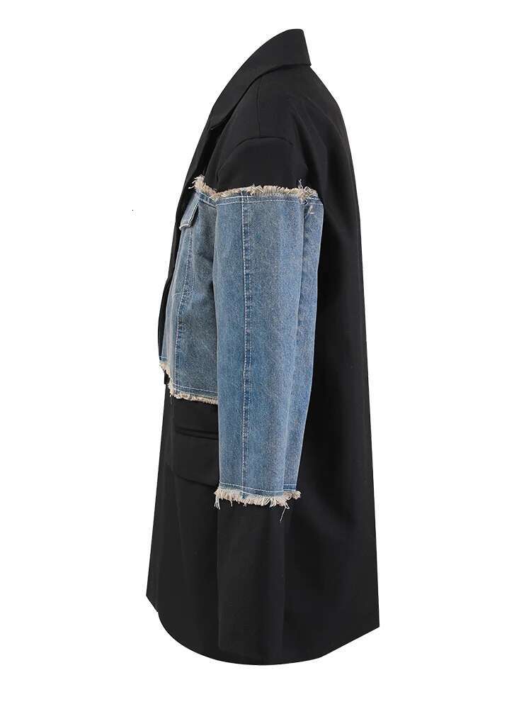 EAM Black Spliced Denim Tassel Big Size Blazer Women New Lapel Long Sleeve Loose Fit Jacket Fashion Spring Autumn 2025 30A1487