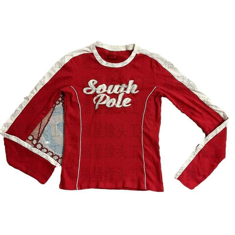 New red long sleeved T-shirt autumn round neck embroidered letter color blocked top