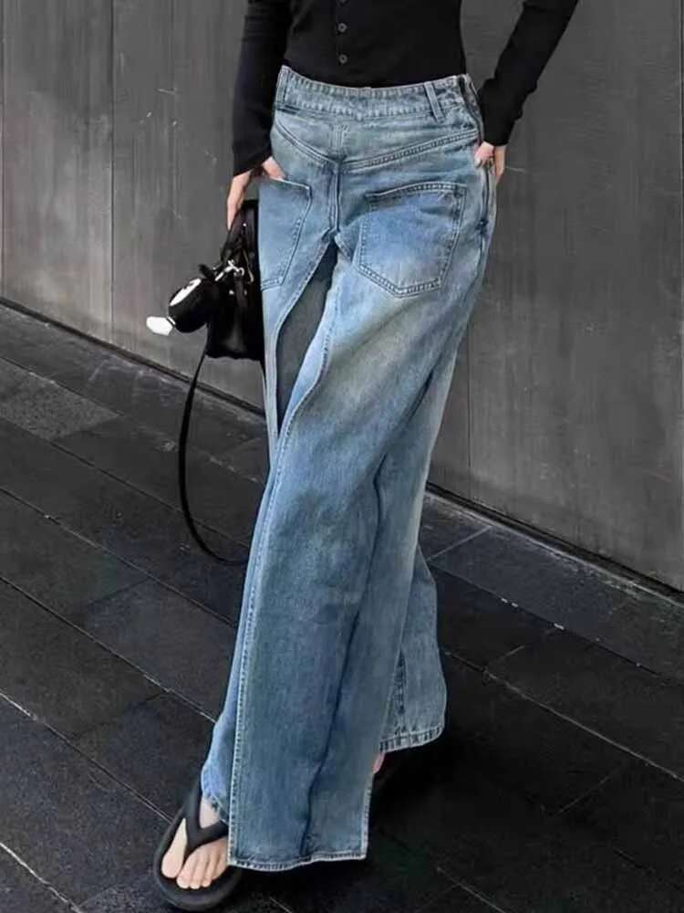 Spliced Design Women Hip Hop Baggy Wide Leg Denim Pants Trendy Vintage High Waist Fake Two-Piece Jeans Trousers
