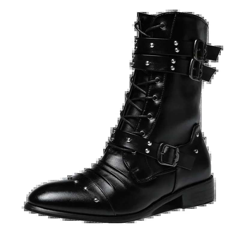 Black mens long boots for autumn and winter high fashion British boots with high bucket corners fashionable rivets mens boots Z250303