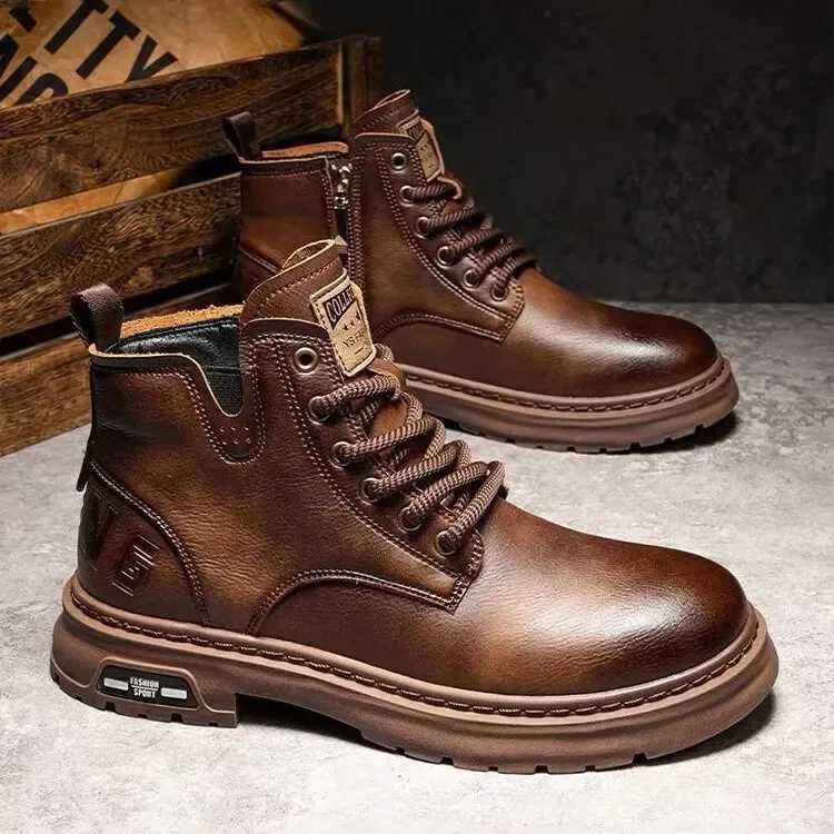 Luxury Men Ankle Boots British High-top Men Boots Fashion High Quality Leather Shoes 2025 New Outdoor Men Motorcycle Boots Z250303