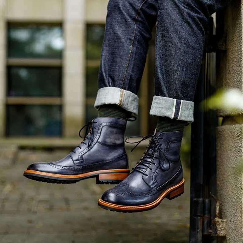 Handmade Men Chelsea Boots Winter Brogue Shoes Luxury Genuine Leather Comfortable Ankle Flat Quality Brown Lace up Male Boots Z250303