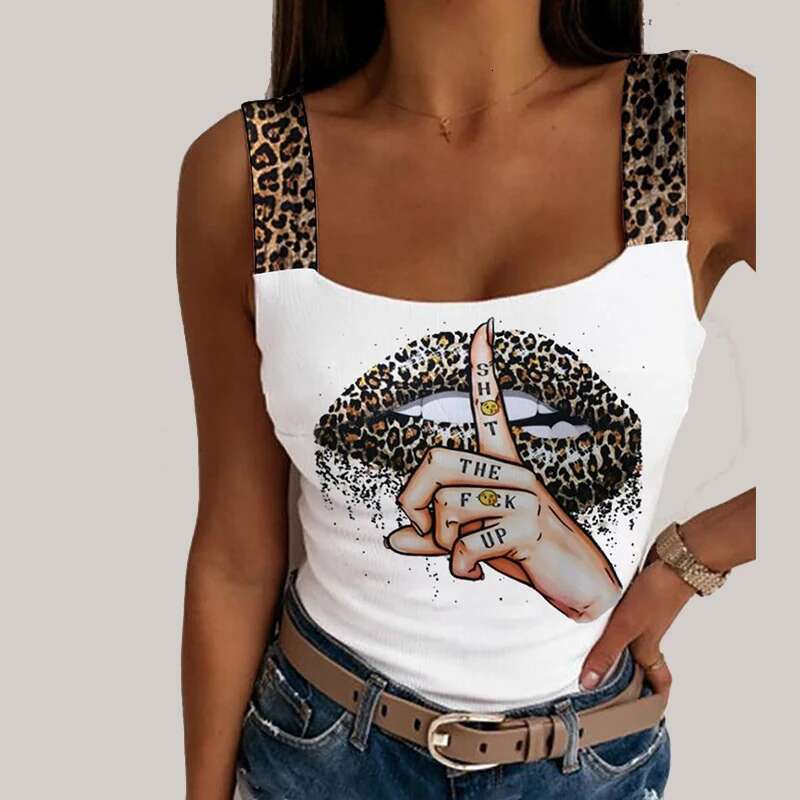 Women's Sexy Tank Leopard Lips Print Crop Fashion Party Club Summer Sleeveless Streetwear Bustier Tops