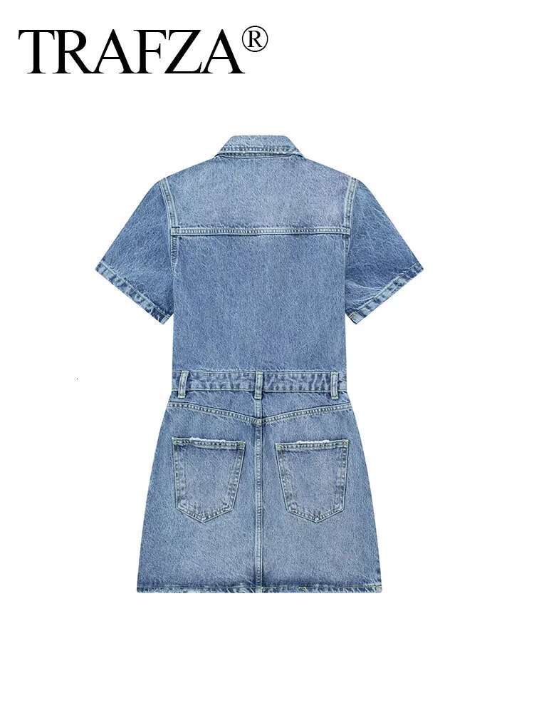 TRAFZA Summer Woman 2023 Blue Turn-Down Collar Multi-Pocket Short Sleeve Single Breasted Female Chic Denim Dresses