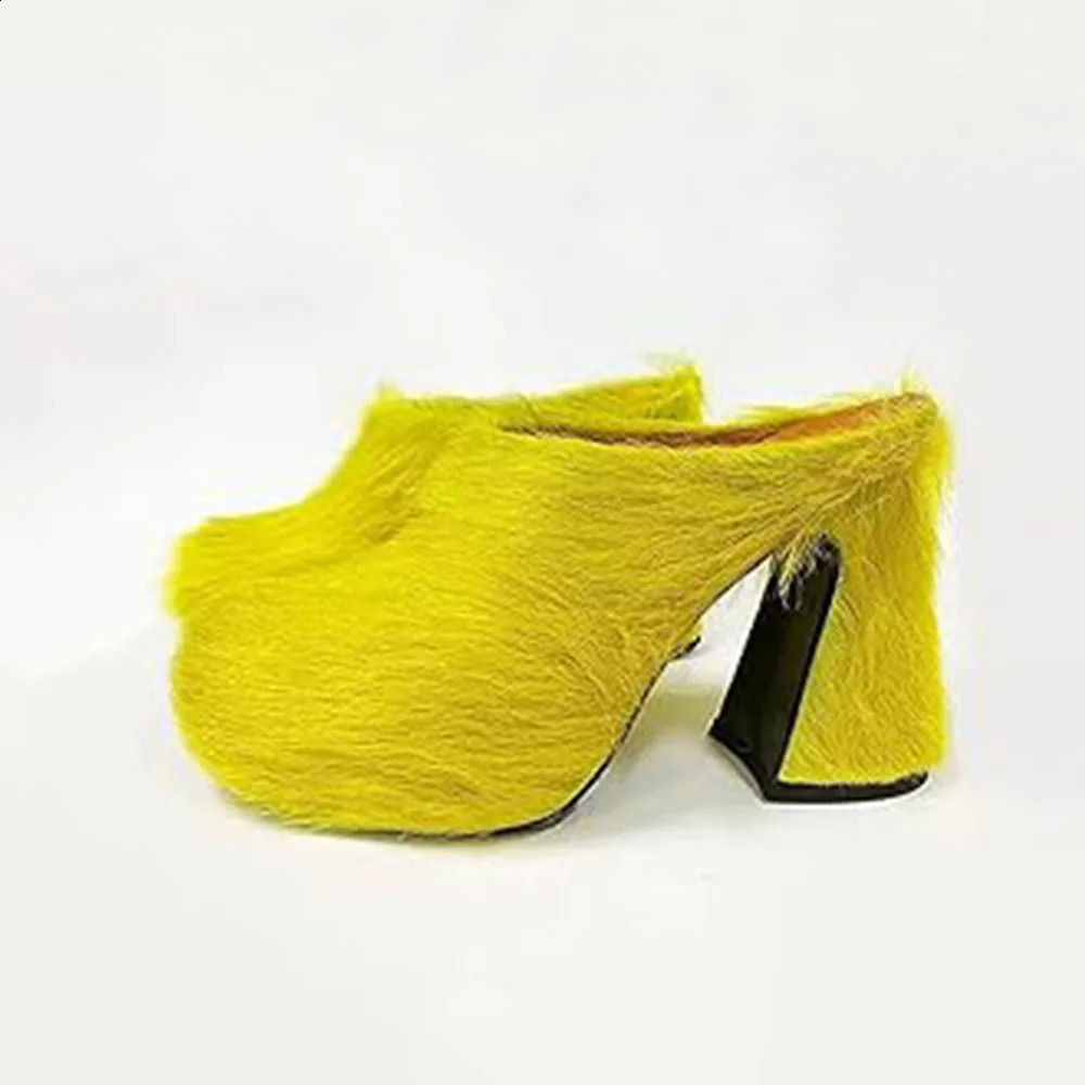 Arden Furtado Autumn Fur Mules Round toe Chunky heels Closed toe slippers Super high heel 250228