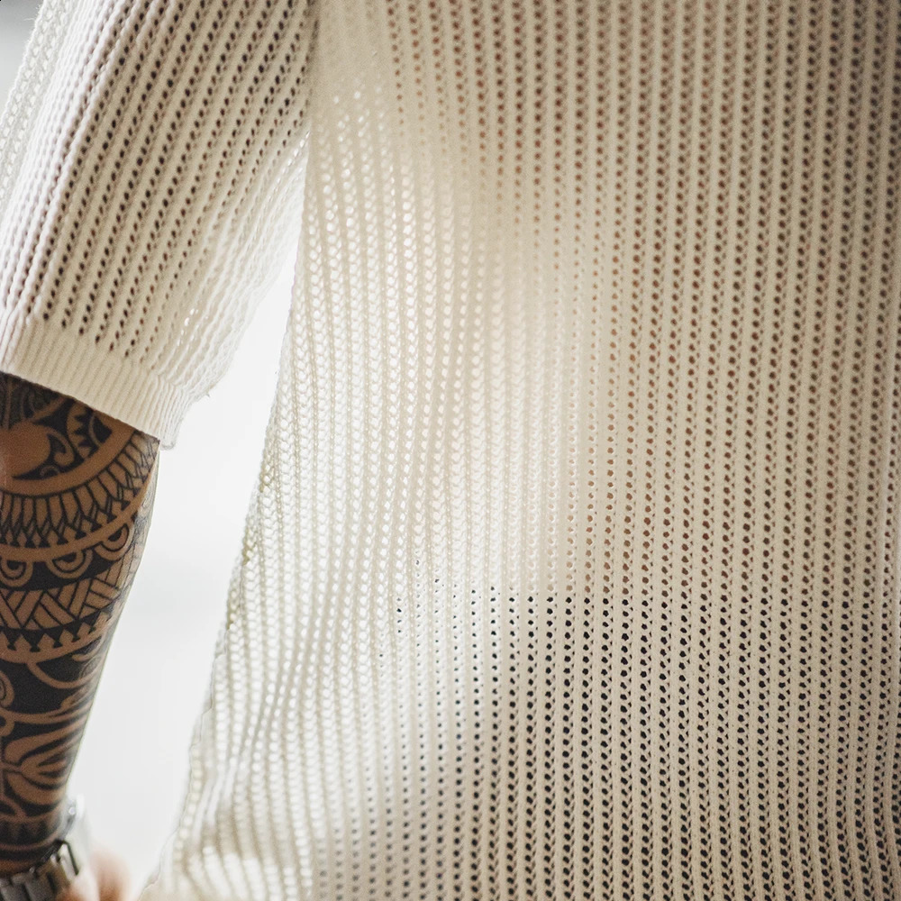 Maden Retro Hollow Knitted Short Sleeve Polo Shirt Tee Ivy Half Open Collar White Wide Waist Mens Summer Top T-shirt 250226