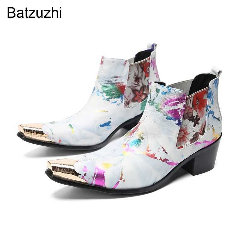 Batzuzhi 6.5cm Heels Luxury Mens Boots Gold Metal Tip White Leather Ankle Boots for Men Slip on Party/Wedding Boots Male! Z250303