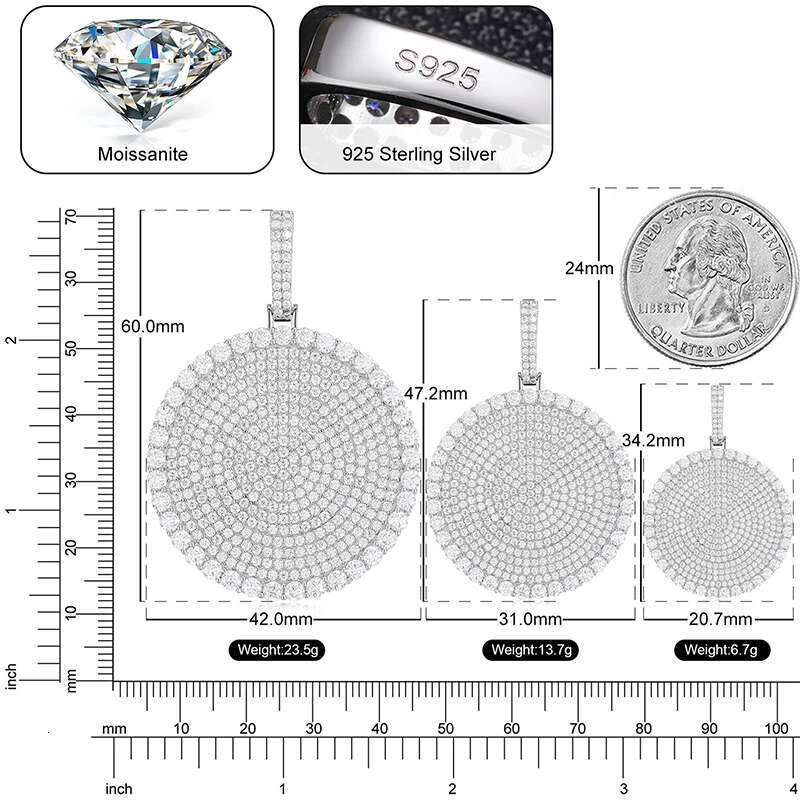 20/30/40mm Round D Color VVS Moissanite Pendant Sterg Sier Necklaces Iced Out Shining Passed Dia Test Wholesale