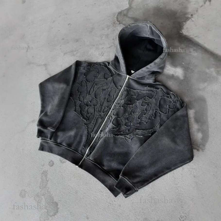 Gothic Ghoul Retro Graphic Embroidery Y2k Hoodie Mens Hip Hop Fashion Zipper Hoodie Autumn Street Costume Halloween Sweater 2