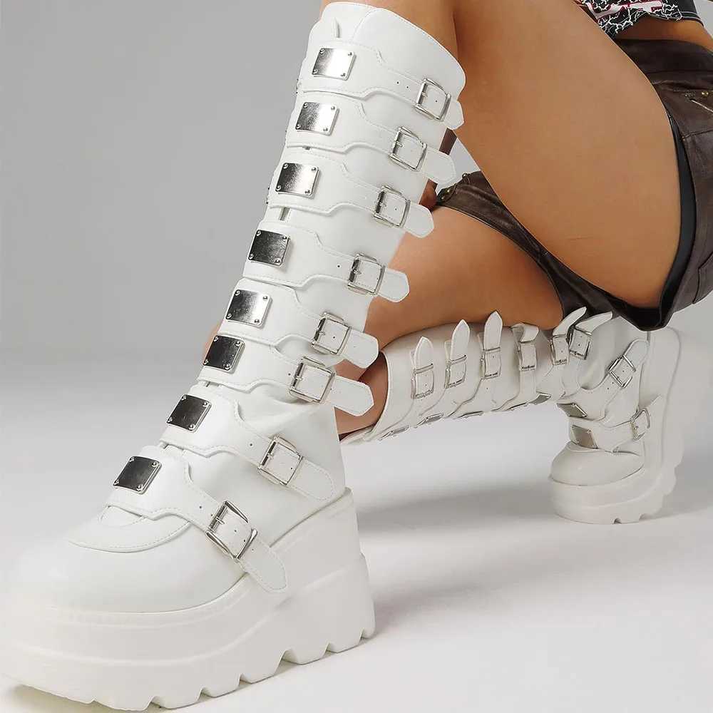 Punk Gothic Womens Knee High Boots Round Toes Multi metal Buckle Zipper Motorcycle Boots Nightclub Christmas Shoes Z250303