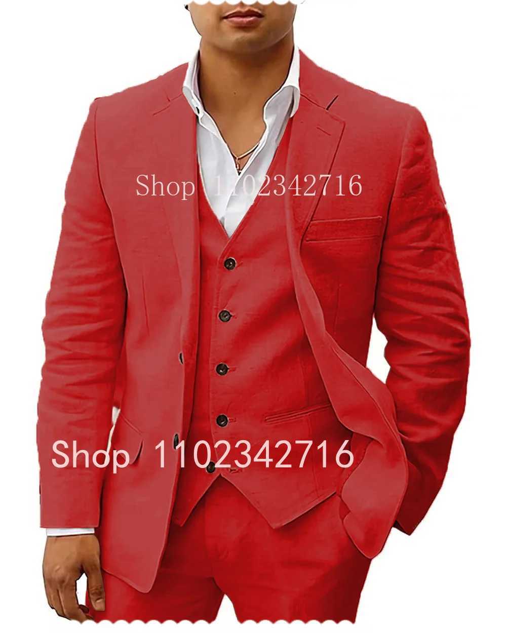 3 Piece Linen Summer Men Suits for Wedding Groom Tuxedos Casual Beach Custom Man Suit Set Jacket Vest with Pants Man Fahion M250303