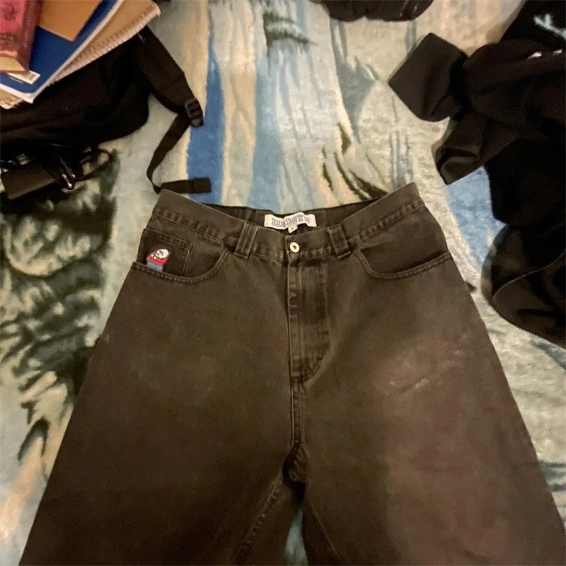 Harajuku Polar Big Boy Baggy Jeans Y2K Pants Gothic Graphic Brown Embroidery High Waist Jeans Wide Trousers Men Clothing 250228