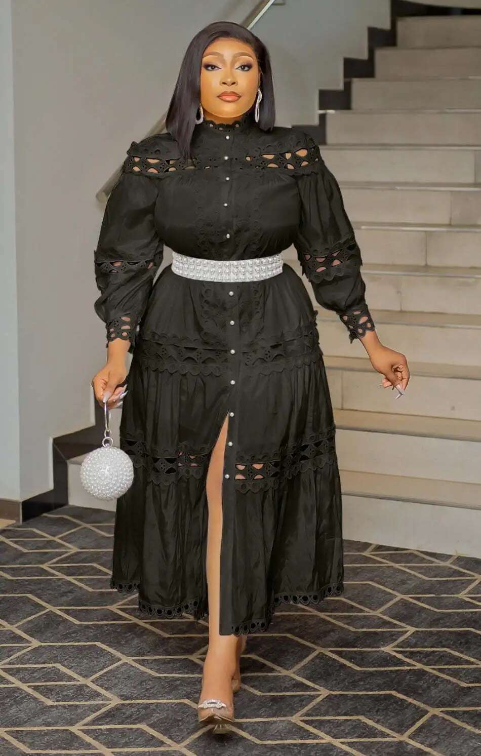 Cm.Yaya Women Lace Patchwork With Sashes Full Sleeve Maxi Long Dress Button Street Shirt Straight Spring Vintage Party Dresses