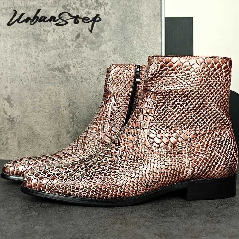 Luxury Brand Men Chelsea Boots Zip Snake Print Casual Mens Dress Shoes Wedding Party Real Leather Winter Ankle Boots Men Z250303