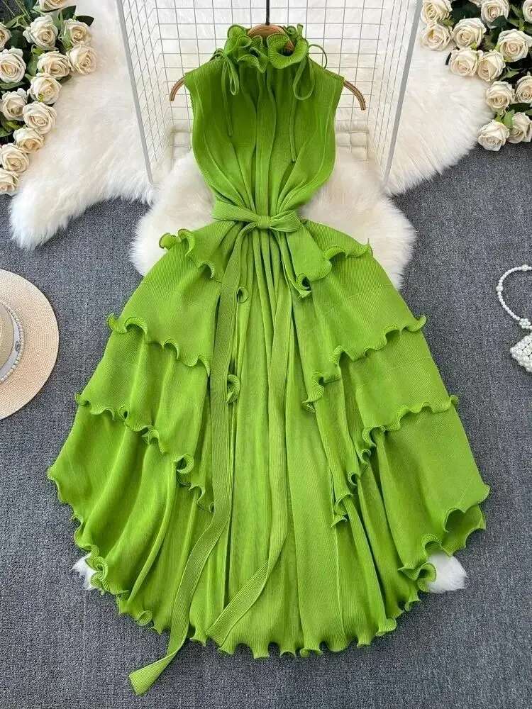 Miyake Pleated Dress Women's Stand Collar Lace Up Sleeveless Elastic Oversized Ruffles Boho Robe Loose Vestidos Summer Holiday
