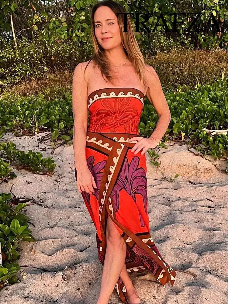 TRAFZA 2024 Summer New Satin Patchwork Print Chic Sleeveless Backless Strapless Women's Resort Style Zipper Dress