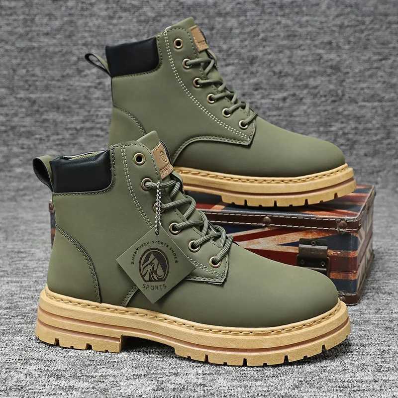 Fashion Men High Top Ankle Boots Spring Winter Comfortable Warm Platform Leather Shoes Motorcycle Lace-up Men Shoes Mens Boots Z250303