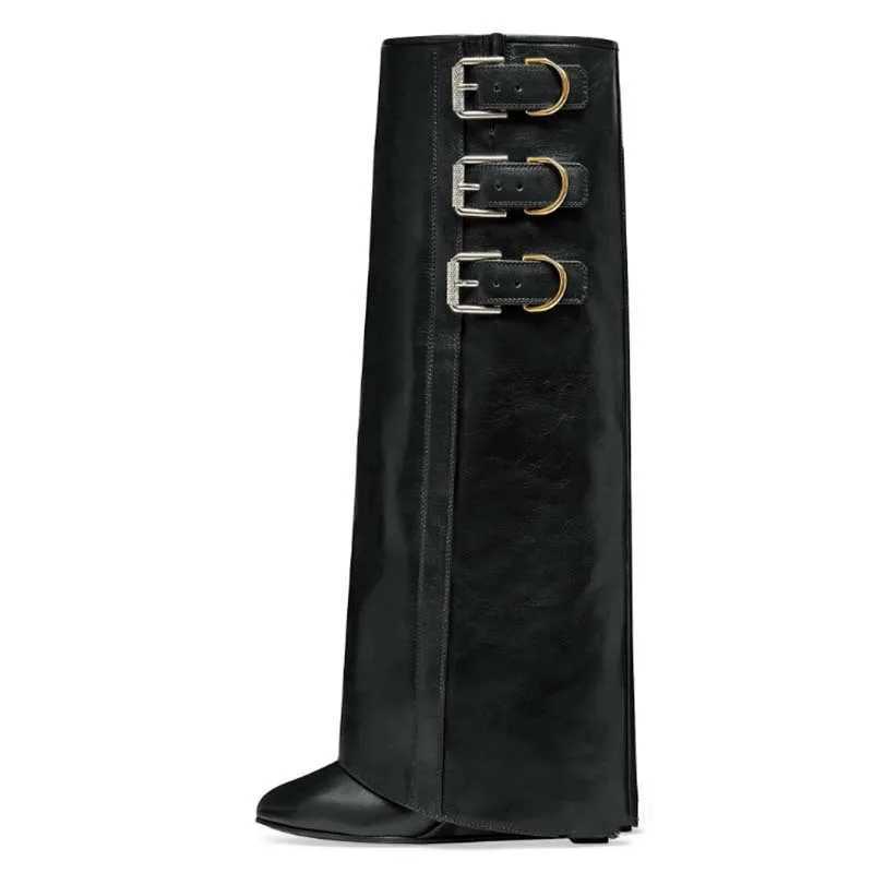 Black belt buckle sliding wedge Trouser womens winter 2024 red dot toe mid calf boots fashionable luxury womens shoes Z250303