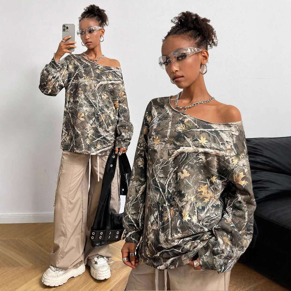 Autumn camouflage sloping collar loose long sleeved maple leaf print trendy fashion versatile top women's clothing
