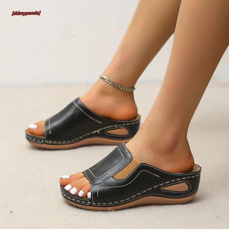 Summer Lightweight Non Slip Slippers Women's Retro Fashion Slope Heel Female Leather Comfortable Wear-Resisting Open Toe Sandals #ddmypanda