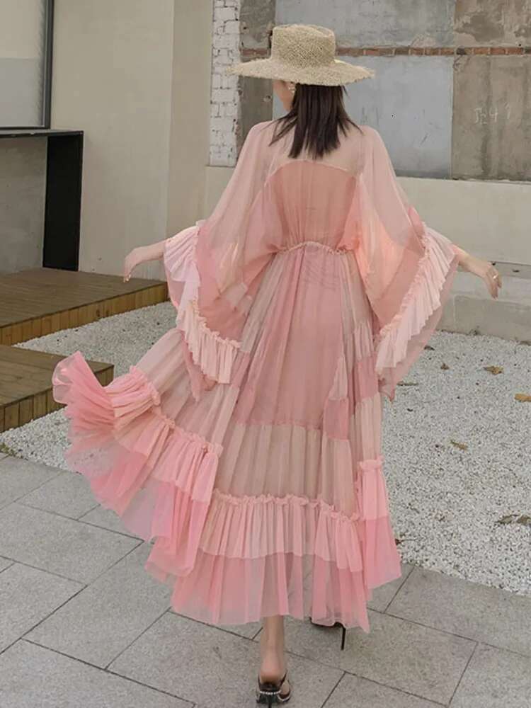 DEAT Woman Dress Pink Cake With Ed Mesh Flare Sleeve Drawstring Waist Elegant Fashion Beach Style 2024 New Summer 15Ht424