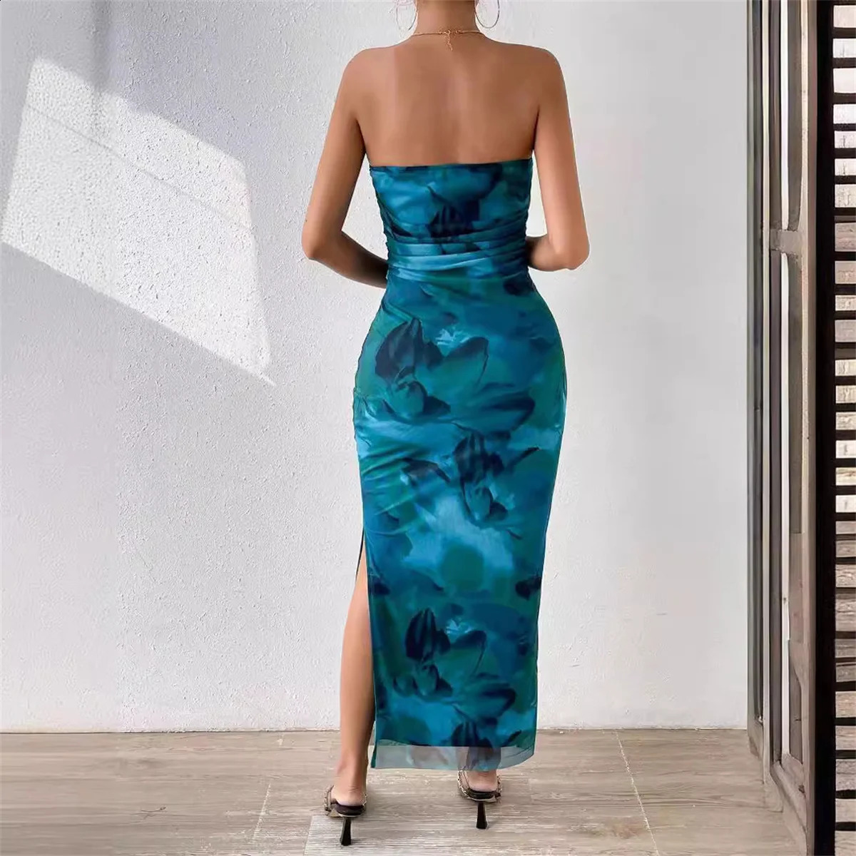 Summer Sexy Sleeveless Strapless Midi Dres Fashion Print Bodycon Party Dresses Beach Sundress Female 250303Z