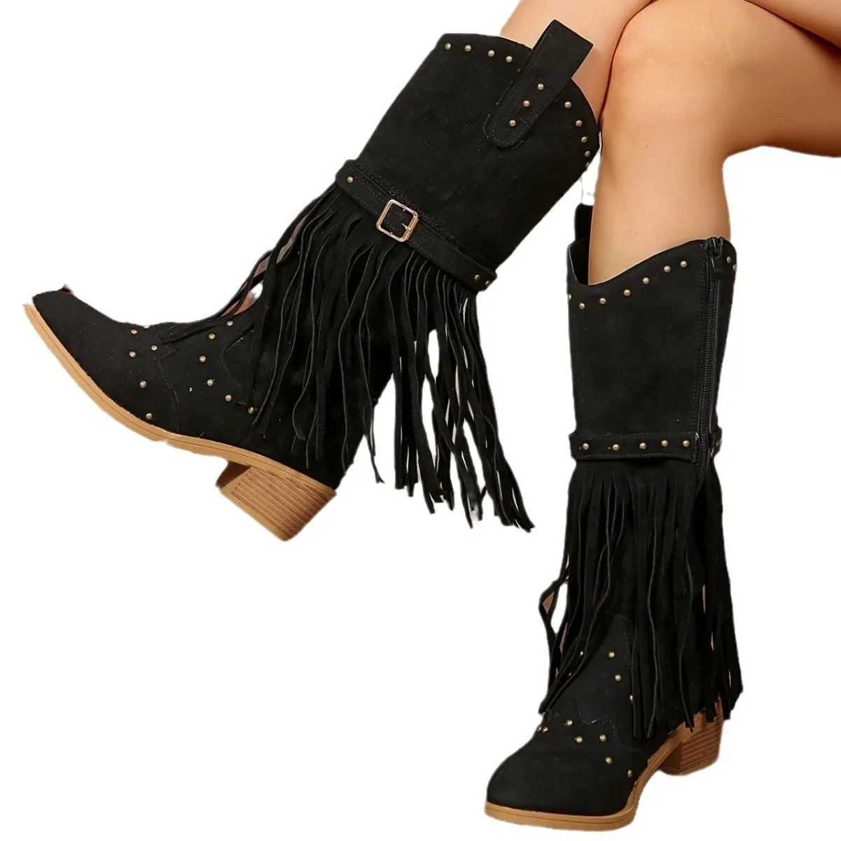 Womens Boots 2024 Autumn/winter Plus Size 43 Knight Boots Tassel New Rivet Belt Buckle Zipper Fashion Luxury Midsole Boots Z250303