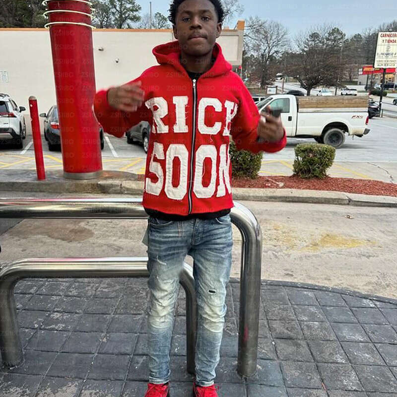 Autumn and winter letter sticker zipper cardigan casual personality trend high street hip-hop style hoodie