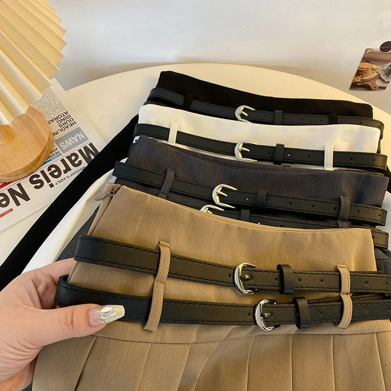 Fashion with Double Belt Pleated Skirts Women Summer High Waist Casual Preppy Mini Skirt Y2K Korean Solid All-Match A Line Skirt 250228