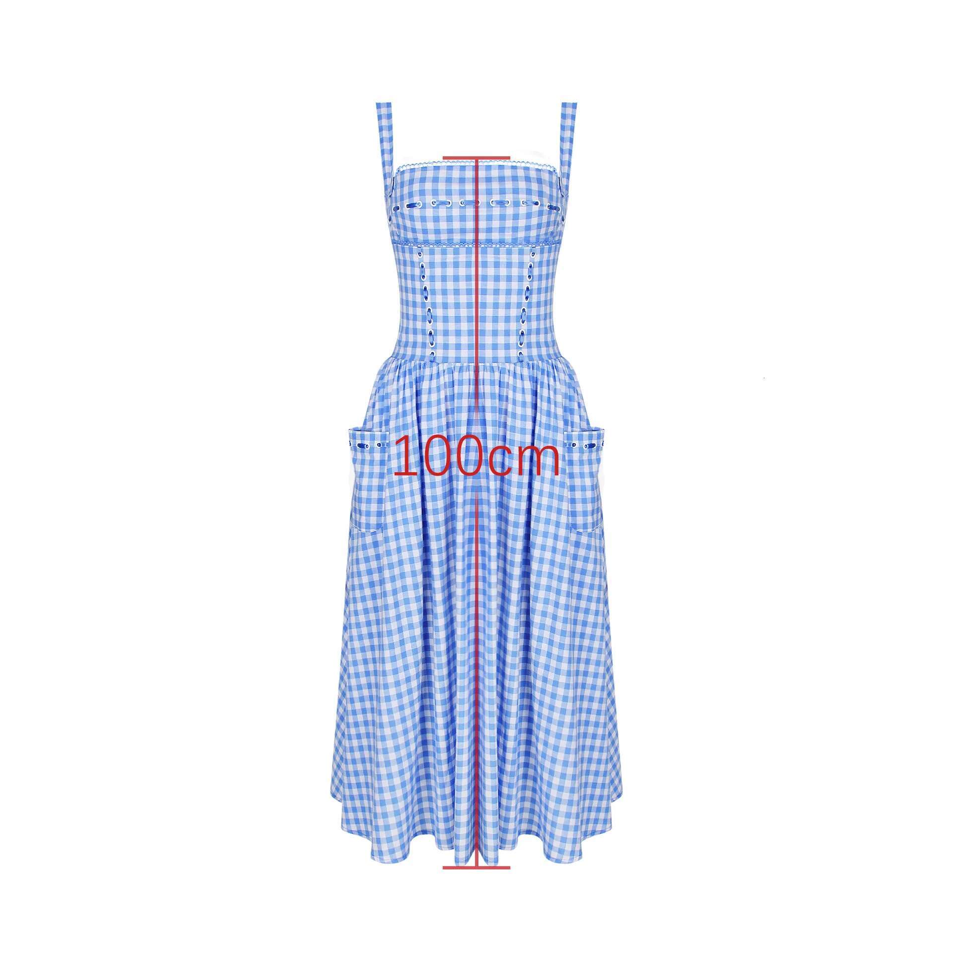 Summer Elegant Beautiful Women Dresses Midi Blue And White Plaid With Pocket Female Vacation Dress