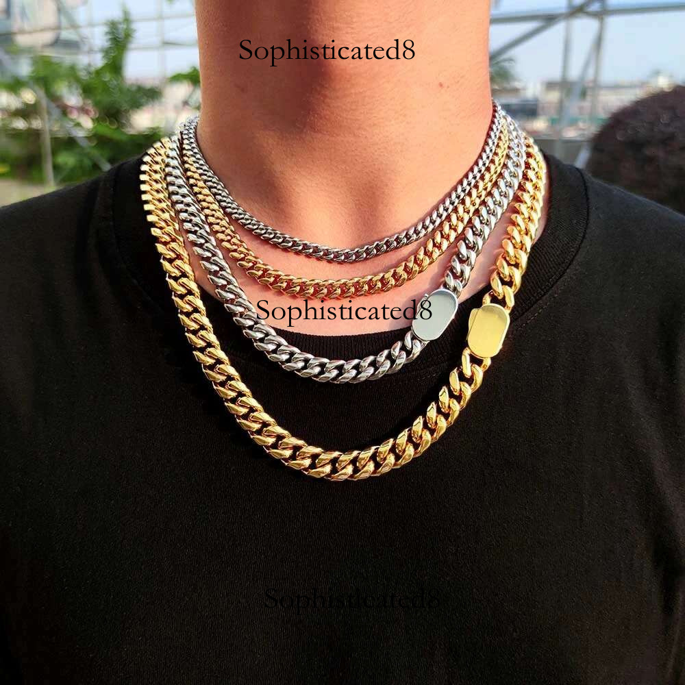 8/10/12mm Punk Gold Color Curb Cuban Chain Necklace Men Women Hiphop Miami Stainless Steel Bike Biker Choker Neck Jewelry