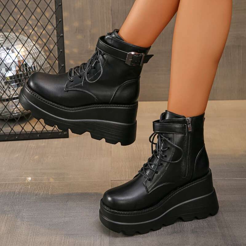 NEW Punk 2025 Style Women Lace-up heel height 9CM Platform Shoes Gothic Ankle Rock Boots Metal Decor Woman Sneakers