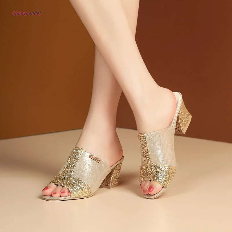 Plus Size 43 2025 New Summer Fashion Sequin Cool Outer Wear Women's Thick Heel Slippers Ladies Sandals #ddmypanda
