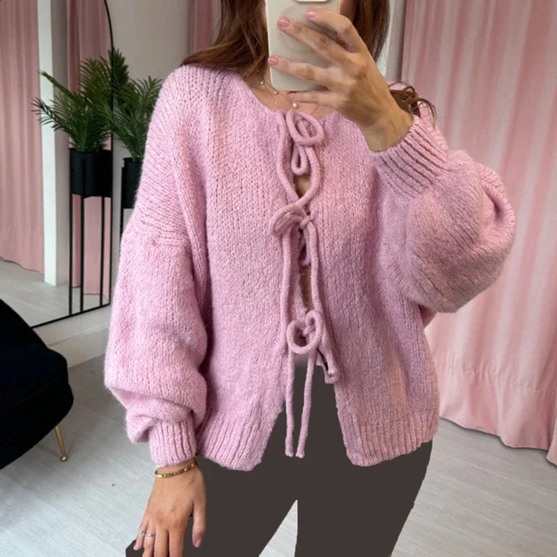 Elegant Ladies Fashion Knitted Sweater Y2K Jumper Vintage Bowknot Tie Front Cardigans Autumn VNeck Long Sleeve Loose Knitwear 250225