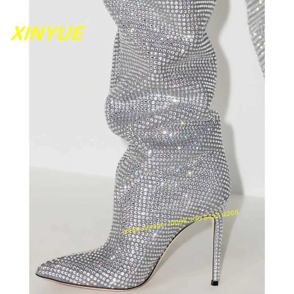 Rhinestone Silver Long Boots Luxury Pointed Toe Slip On Bling Slip On Newest Over The Knee Womens Boots Large Size 43 Solid Z250303
