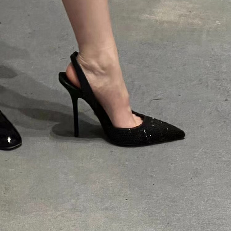 Black Rhinestone High For Women In 2023, New Pointed Thin Heels With Metal One Line Buckle, Socialite Banquet Headband Sandals