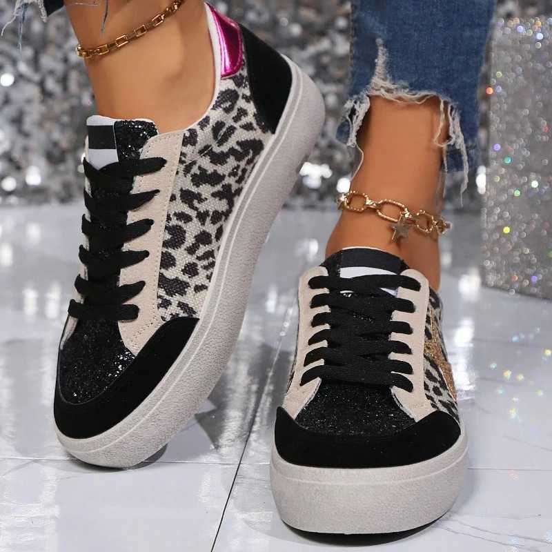 Womens Round Toe Leopard Print Casual Sneakers With Sequins Stars Decor Black Thick Bottom Lightwear Fashion Woman White Shoes M250303