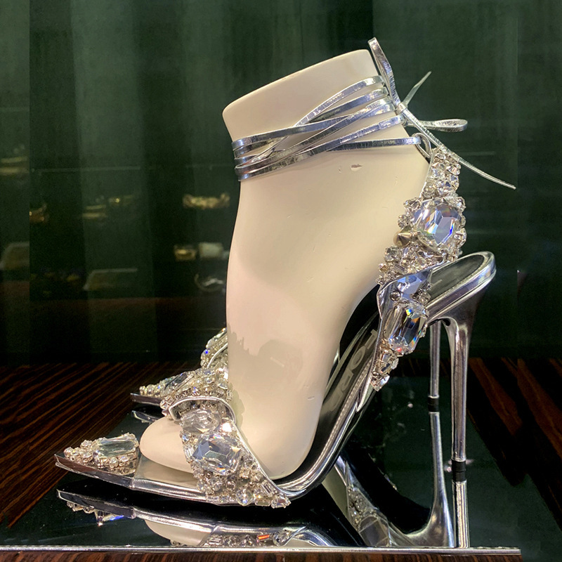 Ultra High Heels, Pointed Rhinestones, Fashion Party And Runway Sandals, Roman Lace Up Evening Gown, Bride's Slim Heeled Women's Shoes