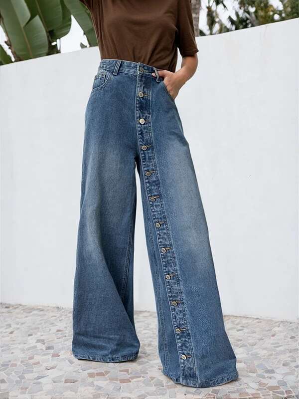 Krismile Baggy Jeans Women For Spring Summer 2024 Fashion Buttoned Pockets High Waisted Loose Jean Leisure Pants Bottoms