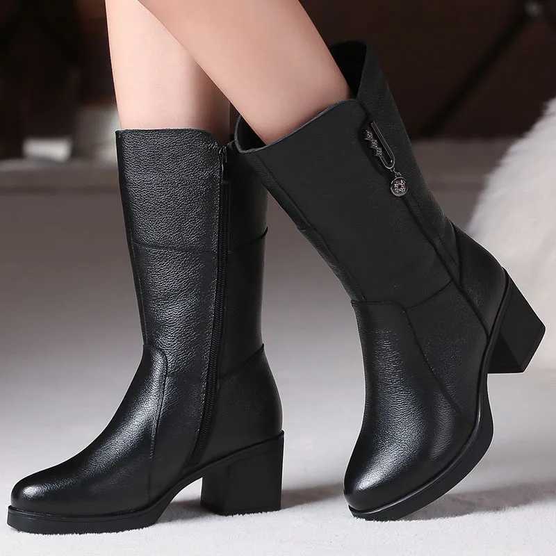 WOIZGIC women genuine leather mid calf boots female mather ladies winter fur plush warm Z250303