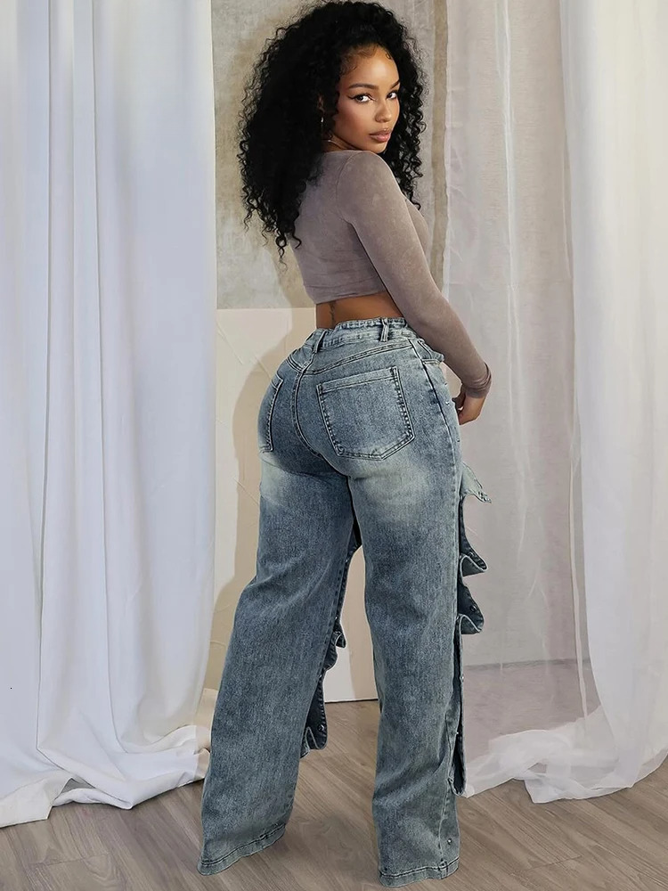 Fashion Straight Jeans Women's Detachable Button Decoration Denim Wide Leg Pants High Waist Hipster Streetwear Bottoms