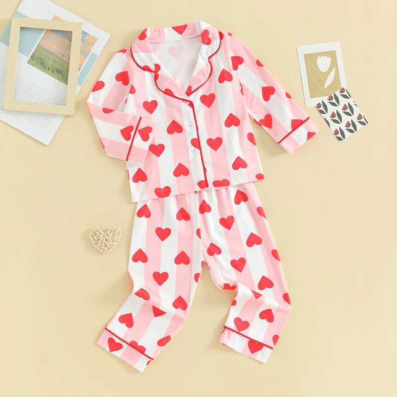 Kids Girls Valentine Pajamas Sets Striped Heart Print Button Long Sleeves Shirt and Elastic Pants Loungewear SleepwearT250303