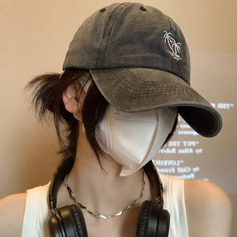 Unisex Washed Cotton Cap Coconut Tree Embroidery Vintage Baseball Men Women Casual Outdoor Dad Hats 250228