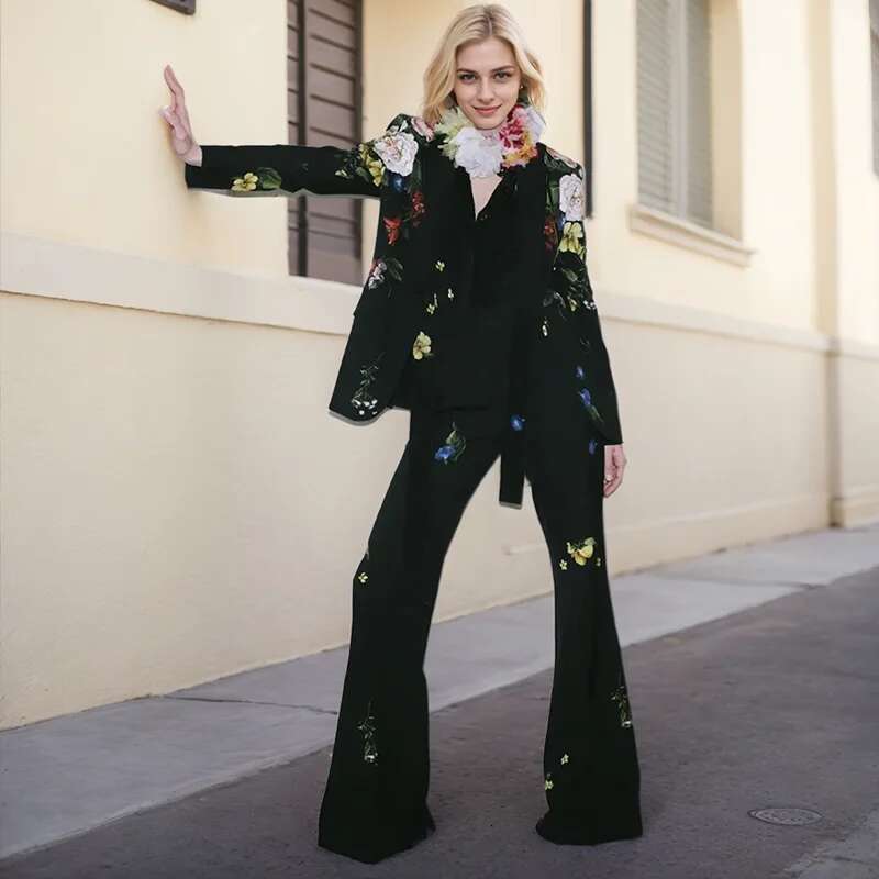 Elegant Temperament Ladies' Suit Autumn Wer Printed Single Button Blazer Coat High Waist Long Flare Pants Two Pieces Sets