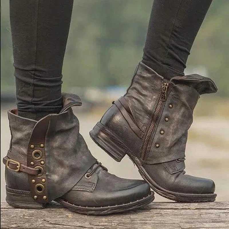 Womens Ankle Boots Women Female Autumn and Winter Low Heels Ladies PU Leather Shoes Vintage Zip Boots Drop Shipping 2024 Z250303