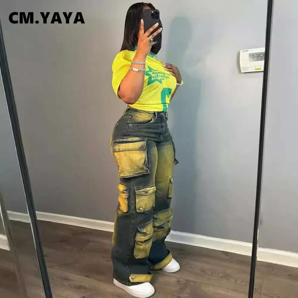 Cm.Yaya 2024 Women Fashion Multi Pocket Straight Washed Denim Pants Female Streetwear Safari Style Cargo Wide Leg Jeans