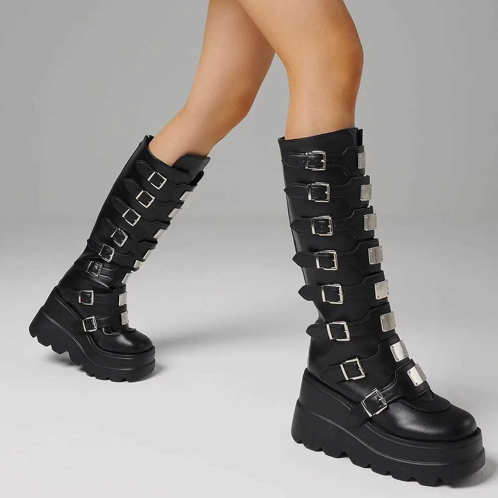 Punk Gothic Womens Knee High Boots Round Toes Multi metal Buckle Zipper Motorcycle Boots Nightclub Christmas Shoes Z250303