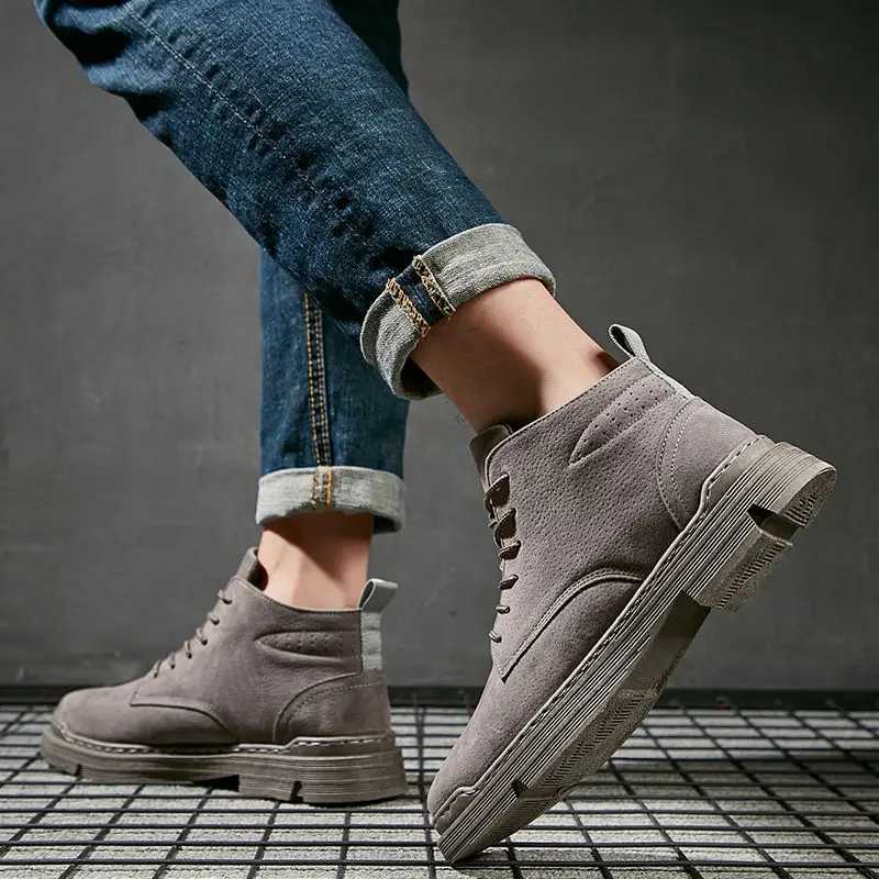 Spring and Autumn Mens Boots High-top Tooling Leather Mens Winter Snow Boots Faux Suede Male Flat Winter Boots Z250303