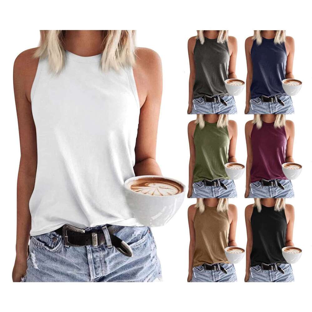 Color Women Solid Tank Loose Crew Neck Sleeveless Vests Tops