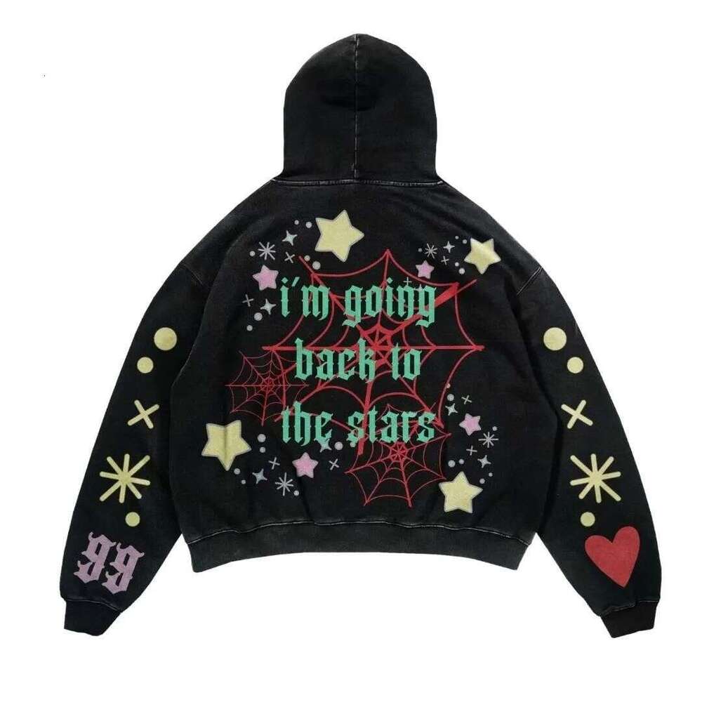 New y2k spider web letter printed jacket, autumn/winter long sleeved loose hooded sweatshirt